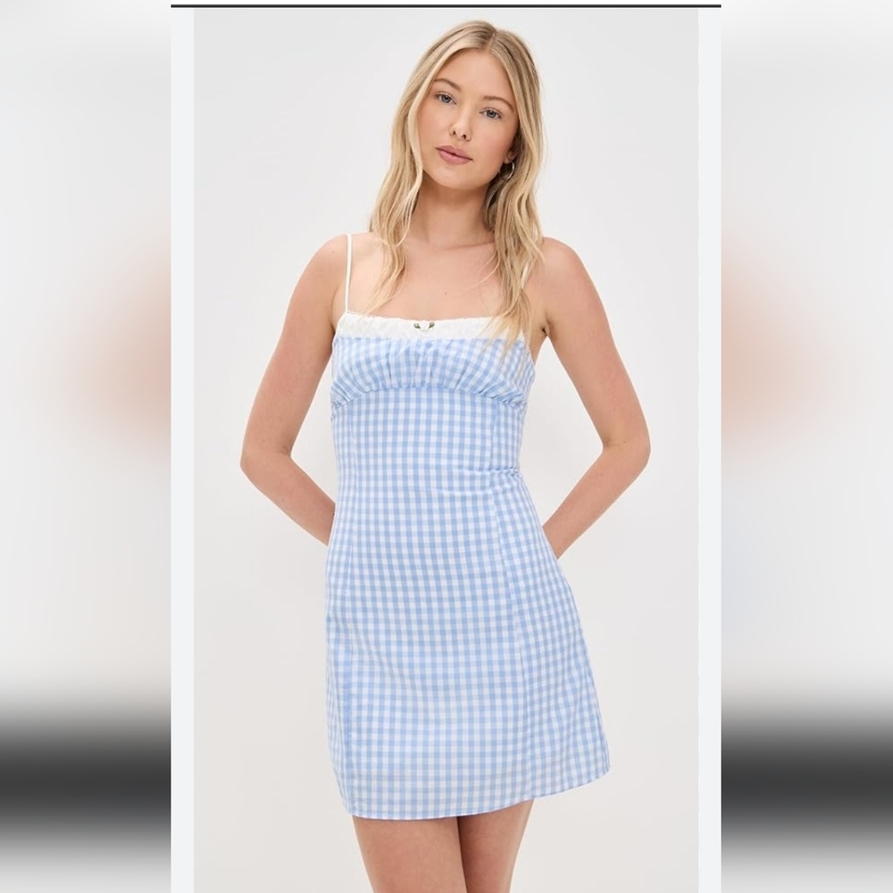 Nia Blue Gingham Serrano Mini Dress Lace Trim Cottagecore Size M